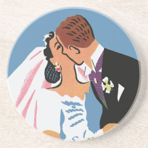 Vintage Wedding, Retro Bride en Groom Kissing Zandsteen Onderzetter