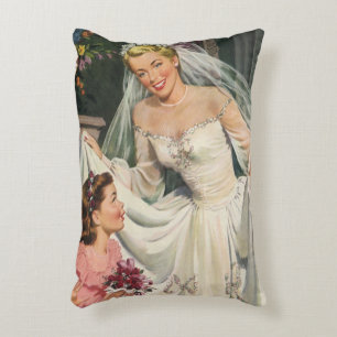 Vintage Wedding, Retro Bride met Bloemenmeisje Accent Kussen