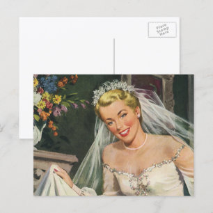 Vintage Wedding, Retro Bride met Bloemenmeisje Briefkaart