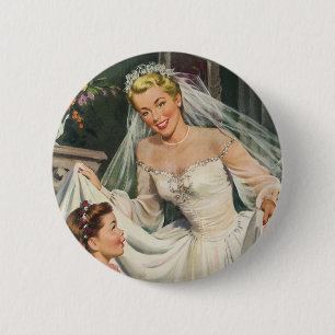 Vintage Wedding, Retro Bride met Bloemenmeisje Ronde Button 5,7 Cm