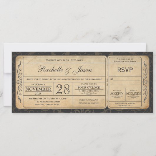 Vintage Wedding Ticket Invitation avec RSVP 3.0 (Devant)