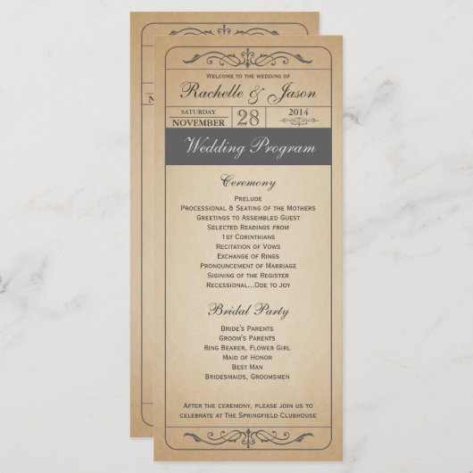 Vintage Wedding Ticket Programma (Voorkant / Achterkant)