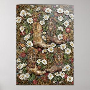 Vintage Western Cowboylaarzen Daisy Bloemmotief Poster