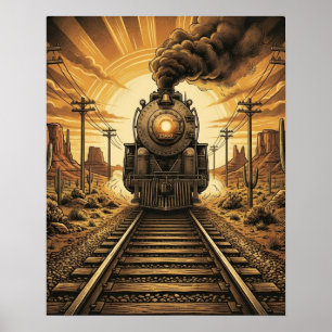 Vintage Westerse Stoomtreinlocomotief Woestijn Poster