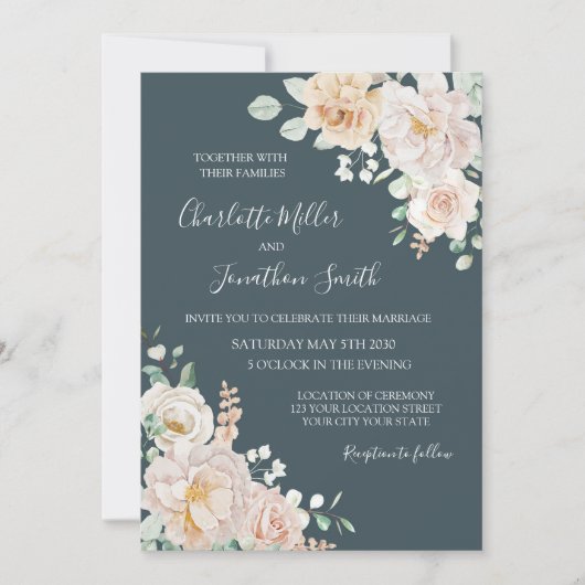 Vintage White Floral Navy Blue Wedding Invitations (Devant)