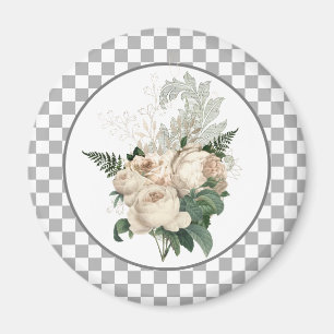 Vintage White Roses Checkerboard  Magneet