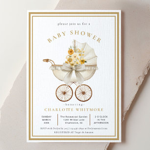 Vintage Wieg Baby Shower Ivoor & Gouden Bloemen Kaart