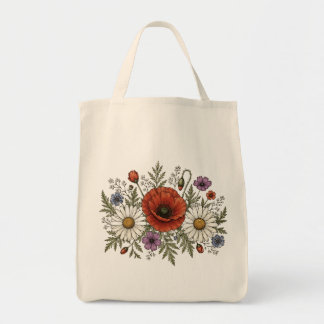 Vintage Wilde Bloem & Klaproos Canvas Boodschappen Tote Bag