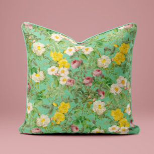 Vintage Wilde Roos Kussen in Aqua Blauw