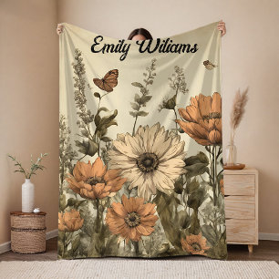 Vintage Wildflowers deken, Op maat gemaakte naam d Fleece Deken
