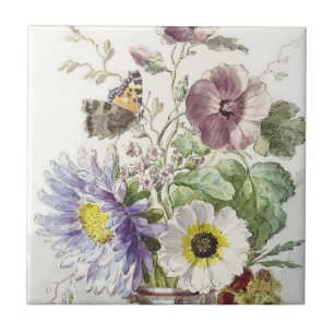 Vintage William van Leen bloemenschilderij met vli Tegeltje