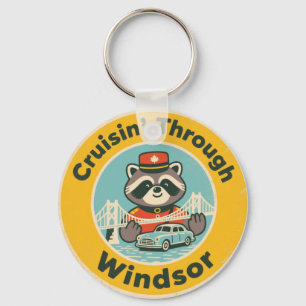 Vintage Windsor Ontario Retro Auto en Wasbeer Sleutelhanger