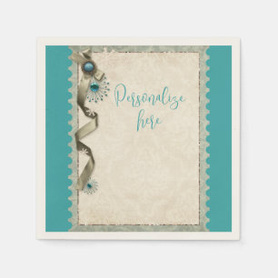 Vintage winter sneeuwvlinder lint damast goud teal servet