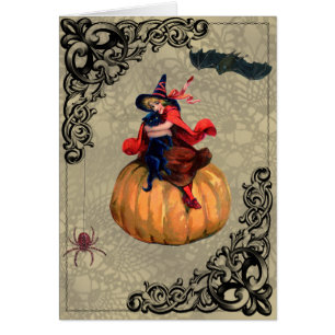 Vintage Witch on Pumpkin Collage Greeting Card
