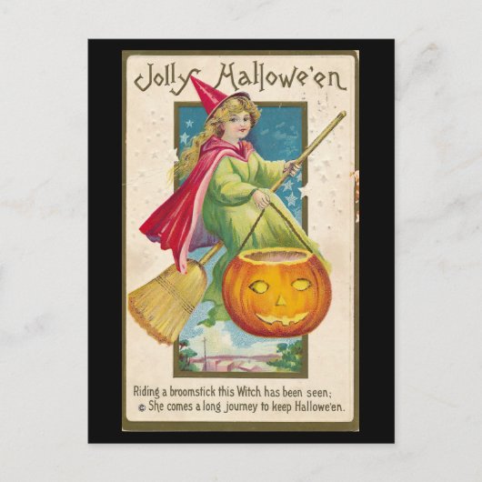 Vintage witch riding broomstick briefkaart (Voorkant)