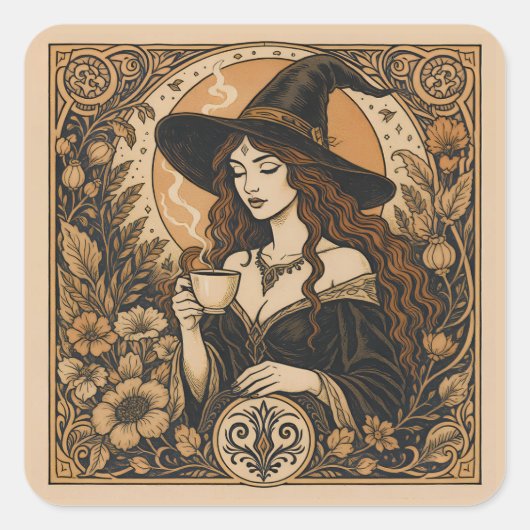 Vintage Witch Tea Time Vierkante Sticker (Voorkant)