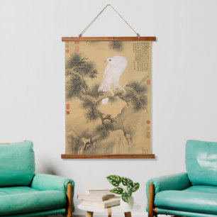 Vintage Witte Valk op Grove Chinese Kunst Hangend Wandkleed