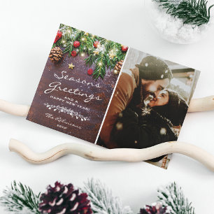 Vintage Wood Seasons Greetings Foto Feestdagenkaart