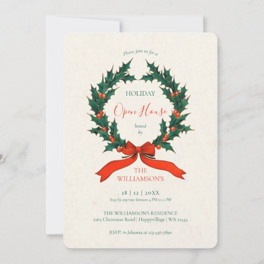 Vintage Wreath Christmas Open House Invitation (Devant)