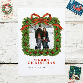 Vintage Wreath Photo Christmas Holiday Card Feestdagenkaart