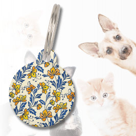 Vintage Yellow Orange Folk Floral Blue Leaf Huisdierpenning