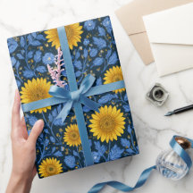 Vintage Yellow Sunflower Blue Floral Pattern