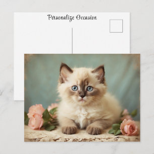 Vintage Zacht Konijnkatje Portret Bloemen Zoet Briefkaart