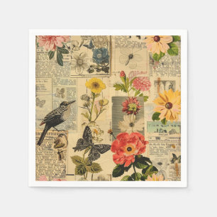 Vintage Zangvogel Bloemenkraantcollage Servet