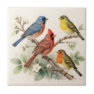 Vintage Zangvogel Bloesemtak Illustratie Tegeltje