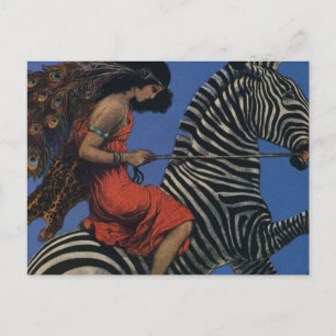 Vintage Zebra Art Nouveau Vrouw Briefkaart