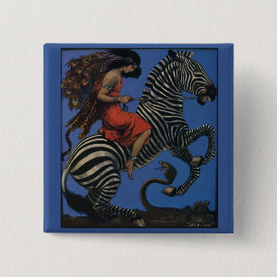 Vintage Zebra Art Nouveau Vrouw Life 1922 Vierkante Button 5,1 Cm