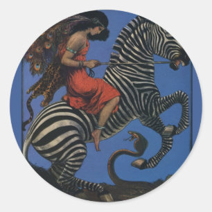 Vintage Zebra Art Nouveau Vrouw Ronde Sticker