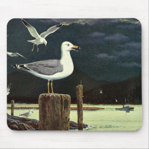 Vintage zeemeeuw op steiger, zee vogels dieren muismat