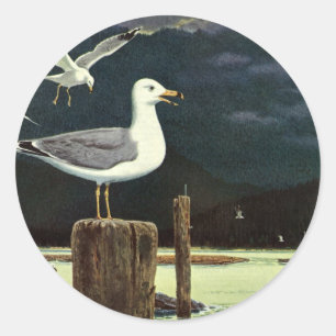 Vintage zeemeeuw op steiger, zee vogels dieren ronde sticker