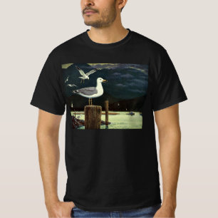 Vintage zeemeeuw op steiger, zee vogels dieren t-shirt