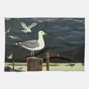 Vintage zeemeeuw op steiger, zee vogels dieren theedoek