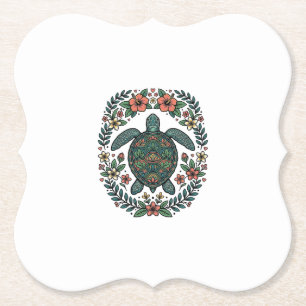 Vintage Zeeschildpad Bloemrijke Vector Design_1 Kartonnen Onderzetters