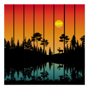 Vintage Zonsondergang Bos Zonsopgang Landschap Perfect Poster