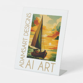 Vintage Zonsondergang Zeilboot Art Deco Reclamebord Met Voetstuk
