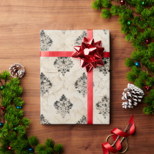 Vintage Zwart Damast met Beige Achtergrond met Afg Cadeaupapier