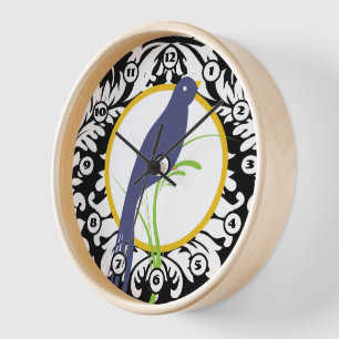 Vintage Zwart Witte Damast Navy Gele Vogelklok