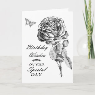 Vintage zwart witte tekening roos bloem Verjaardag Kaart