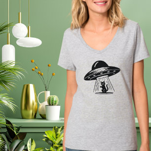 Vintage Zwarte Kat UFO Ruimteschip Grappig T-shirt