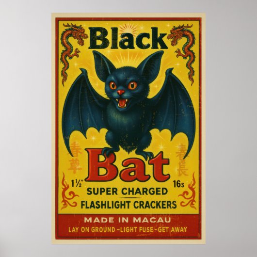 Vintage Zwarte Vleermuis Vuurwerk Label Poster (Voorkant)