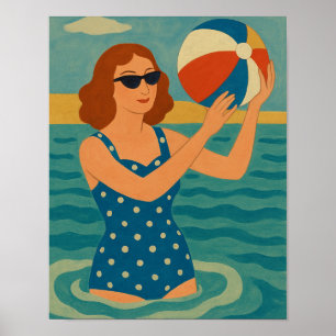 Vintage Zwemmer met Strandbal Poster
