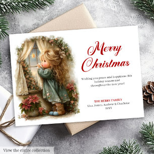 Vintageachtig Klein Meisje Wacht Op Kerstman Digit Feestdagenkaart
