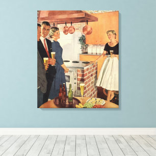 Vintagefeest in de keuken, bier en hapjes canvas afdruk