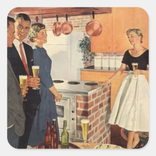 Vintagefeest in de keuken, bier en hapjes vierkante sticker