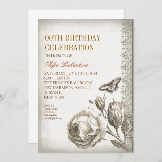 vintages invitations à la fête d'anniversaire (Devant / Derrière)