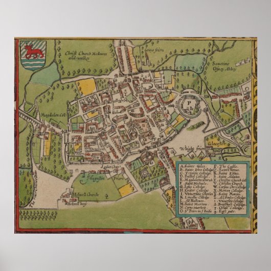 Vintge Map of Oxford England (1605) Poster (Voorkant)